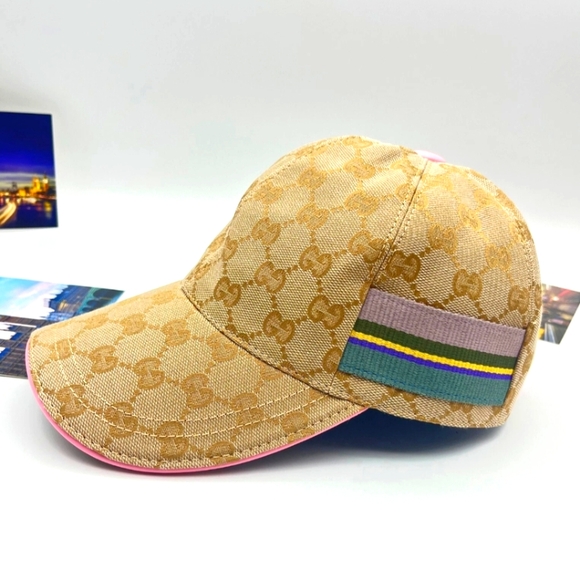 Authentic Gucci Tan Monogram Cap with Stripe Accent New - Picture 1 of 4